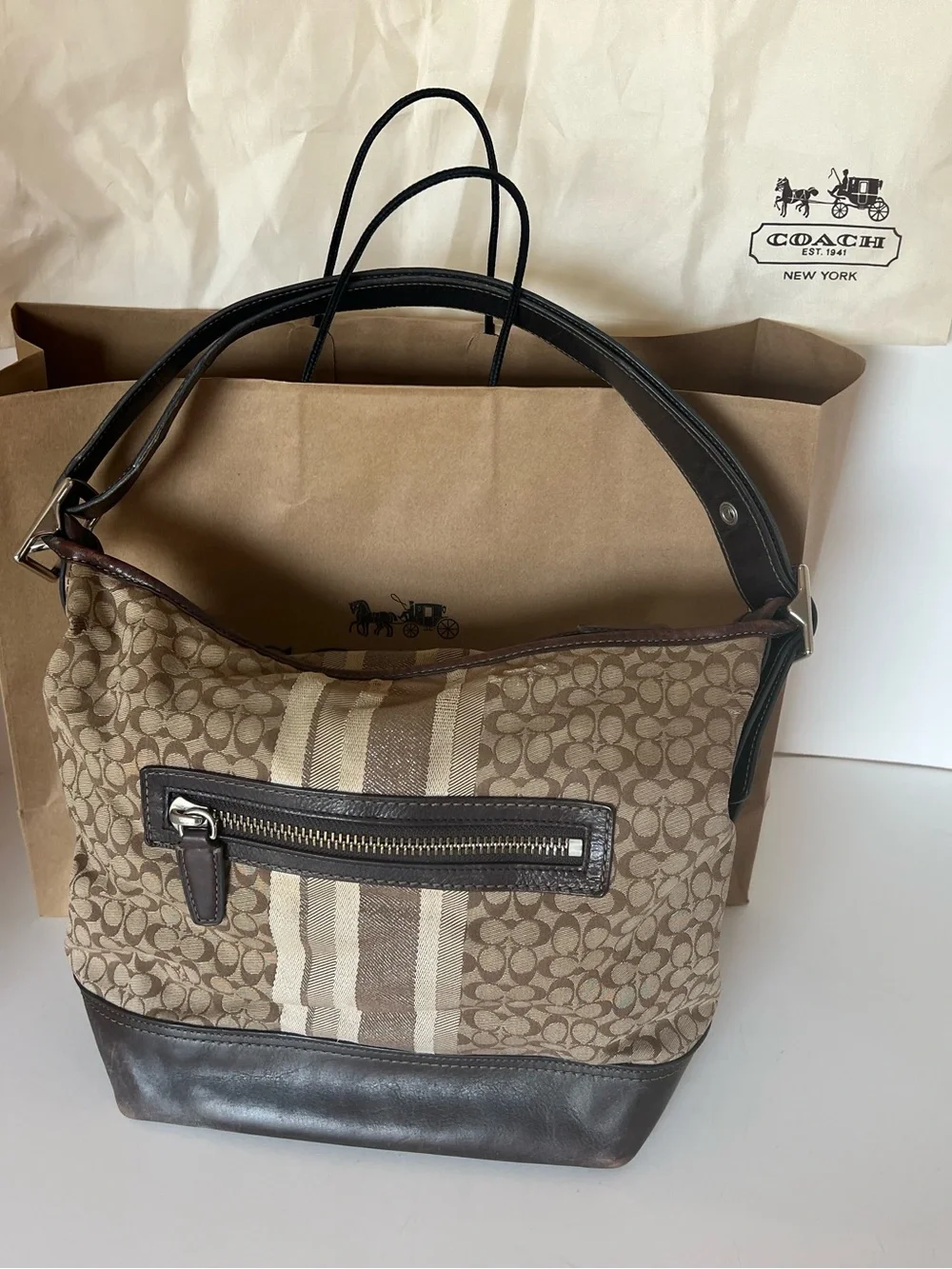 Coach Brown and Tan Signature Canvas Shoulder Bag